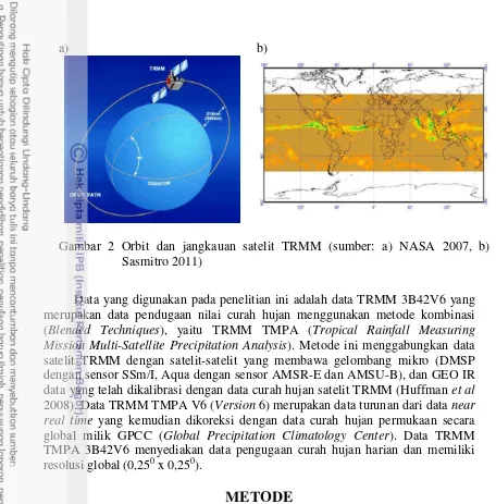Gambar 2 Orbit dan jangkauan satelit TRMM (sumber: a) NASA 2007, b) 