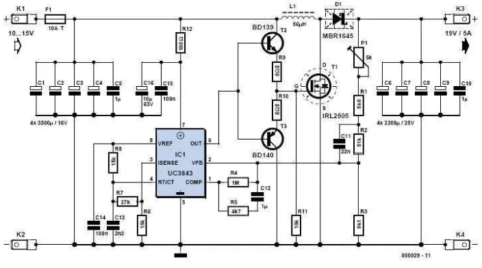 Gambar 1. Untai pengisi baterai laptop dari mobil menggunakan  IC PWM UC 3843 (skemarangkaian.com, circuitzoo.com, circuit-diagram.net) 