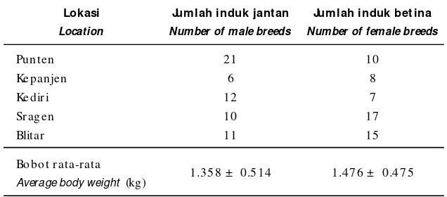 Tabel 1.Jumlah dan asal induk untuk membentuk populasi ikan mas PuntenTable 1.Number and source of breeders for founding population of Punten carp