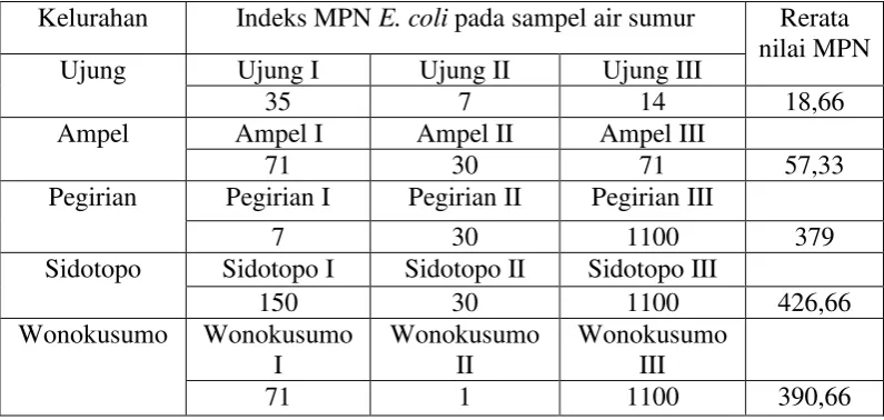 Tabel 4.3 Indeks MPN E. coli pada uji kesempurnaan pada masing-masing kelurahan dikecamatan Semampir Surabaya 
