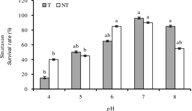 Gambar 3.Sintasan eksplan rumput laut K. alvarezii yang diintroduksi dengan gen MaSOD danrumput laut non-transgenik yang dipelihara pada media kultur dengan pH yang berbeda(Keterangan: T=  transgenik; NT=  non-transgenik)Figure 3.Survival rate  of seaweed 