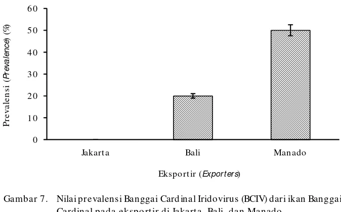 Gambar 7.Nilai prevalensi Banggai Cardinal Iridovirus (BCIV) dari ikan BanggaiCardinal pada eksportir di Jakarta, Bali, dan Manado.Figure 7.Prevalence value of Banggai Cardinal Iridovirus (BCIV) infecting BanggaiCardinal fish from exporters in Jakarta, Bali, and Manado.