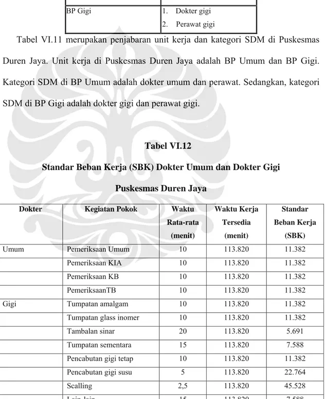 Tabel VI.11 merupakan penjabaran unit kerja dan kategori SDM di Puskesmas  Duren Jaya