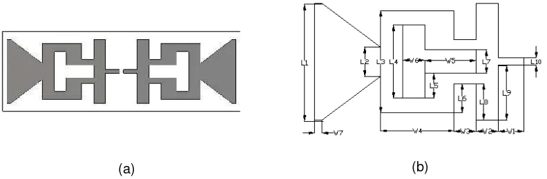Figure 1. Basic design of the proposed antenna, (a) full structure, (b) left hand radiating elementwith dimension.
