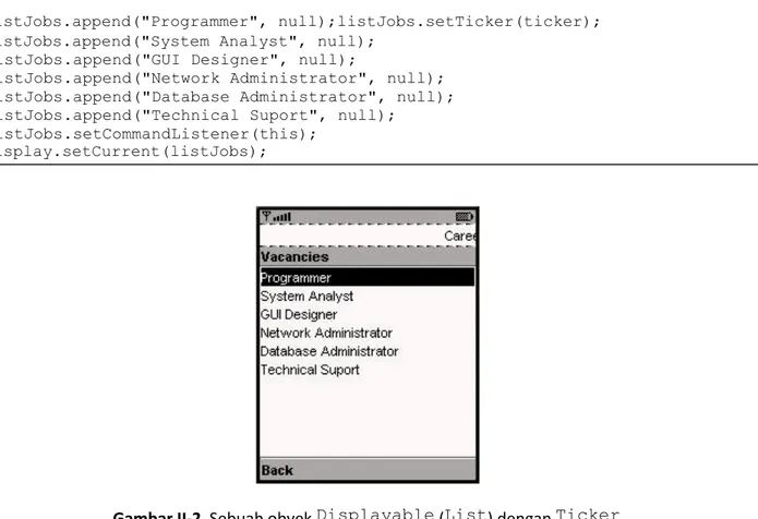 Gambar   II ‐ 2    Sebuah   obyek   Displayable   ( List )   dengan   Ticker  