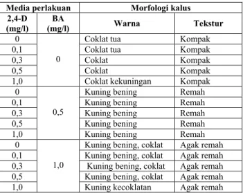 Tabel 1. Warna dan tekstur kalus P. cablin pada media perlakuan.   Media perlakuan  Morfologi kalus 