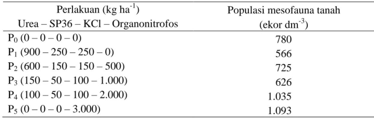 Tabel 6. Pengaruh pemberian pupuk Organonitrofos dan kombinasinya dengan pupuk  kimia terhadap populasi mesofauna tanah (ekor dm -3 )