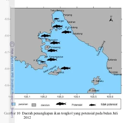 Gambar 10  Daerah penangkapan ikan tongkol yang potensial pada bulan Juli 