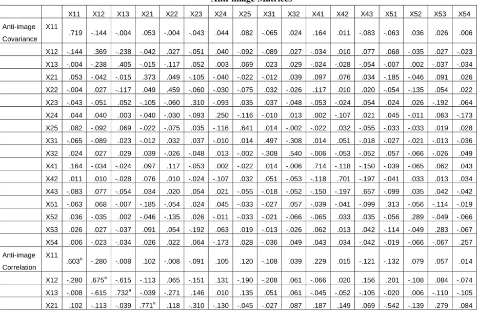 Tabel Anti Image  Anti-image Matrices  X11  X12  X13  X21  X22  X23  X24  X25  X31  X32  X41  X42  X43  X51  X52  X53  X54  Anti-image  Covariance  X11  .719  -.144  -.004  .053  -.004  -.043  .044  .082  -.065  .024  .164  .011  -.083  -.063  .036  .026  