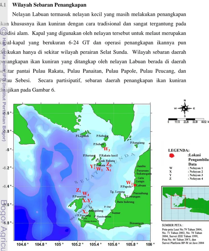 Gambar 6  Sebaran daerah penangkapan ikan kuniran secara partisipatif. W1  X1 X2 X3 Y1 Z2 W2 Z1 W3 Y2 W4 