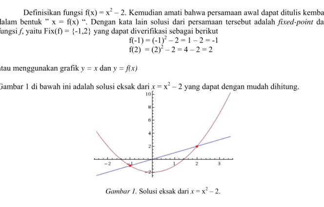 Gambar 1 di bawah ini adalah solusi eksak dari x = x 2  – 2 yang dapat dengan mudah dihitung