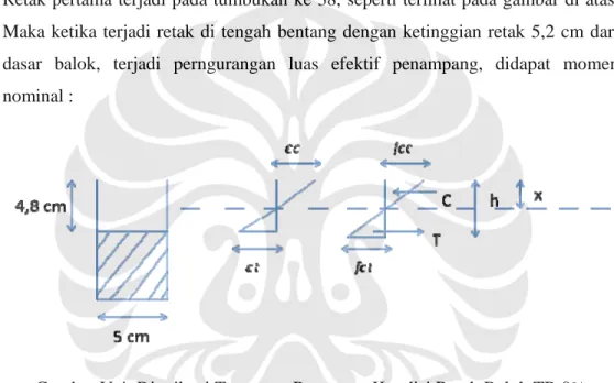 Gambar V.4. Distribusi Tegangan Regangan Kondisi Retak Balok TR 0%   Pada saat beton tanpa tulangan ini terjadi retak, maka kondisi tegangan elastis