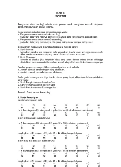 BAB 8 SORTIR. Pengurutan Data (sorting) Adalah Suatu Proses Untuk ...