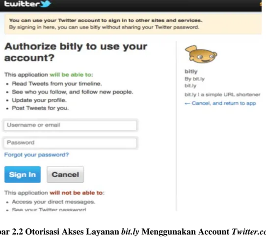 Gambar 2.2 Otorisasi Akses Layanan bit.ly Menggunakan Account Twitter.com  3.  Jika proses login berhasil, bit.ly  menggunakan  credential OAuth  (token) yang 