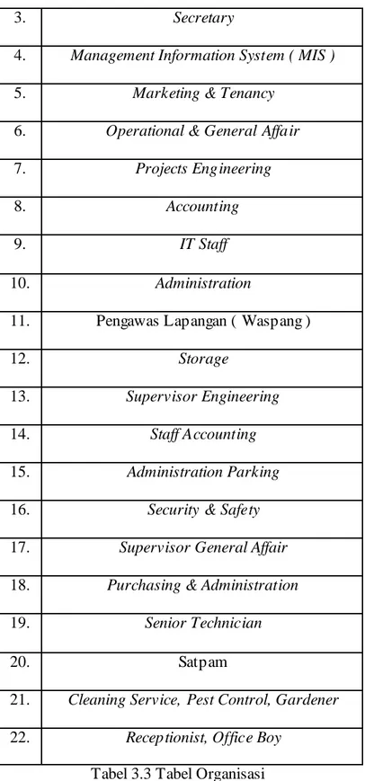 Tabel 3.3 Tabel Organisasi 