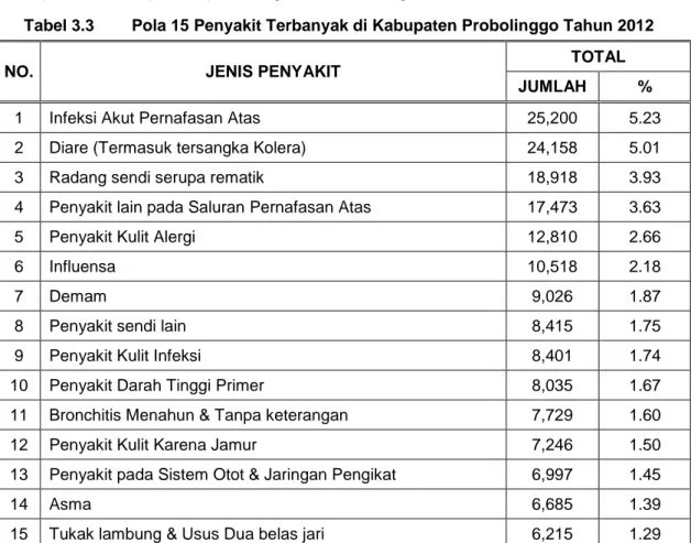 Tabel 3.3  Pola 15 Penyakit Terbanyak di Kabupaten Probolinggo Tahun 2012 