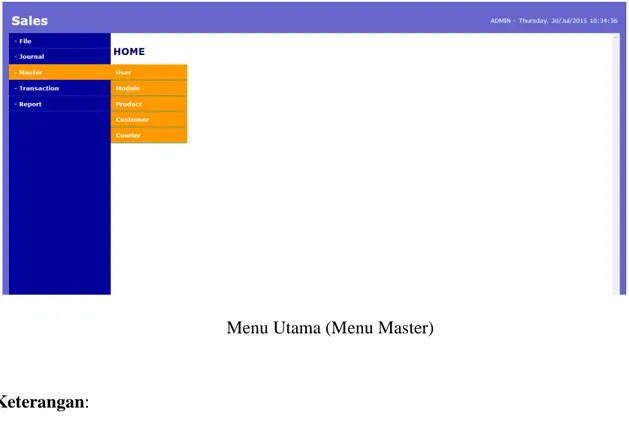 Gambar  diatas  merupakan  rancangan  menu  master,  dimana  terdiri  dari  pilihan menu User, Module, Product, Customer dan Courier