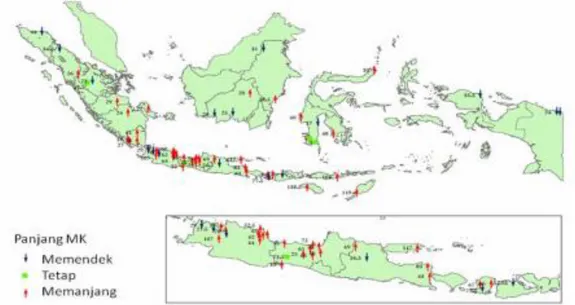 Gambar  1.3.  Perubahan  panjang  musim  kemarau  di  seluruh  Indonesia.  (Sumber:  Boer et al., 2009)