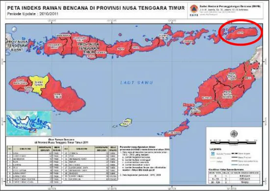 Gambar  1.2.  Tingkat  kerawanan  multi  bencana  Provinsi  Nusa  Tenggara  Timur  (Alor dilingkari warna merah) (Sumber : BNPB, 2011) 
