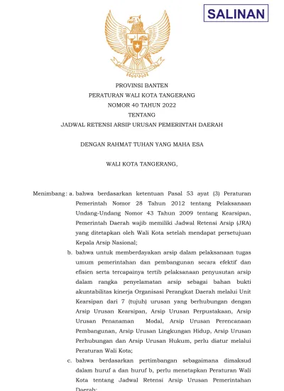 PROVINSI BANTEN PERATURAN WALI KOTA TANGERANG NOMOR 40 TAHUN 2022 ...