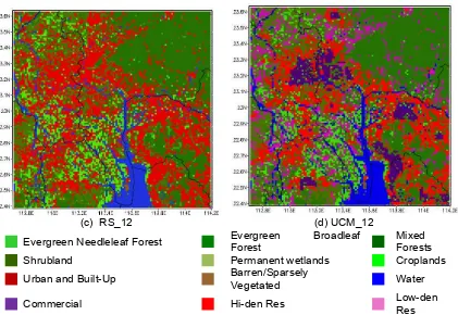 Figure 2. (a) Study area and the simulation domain, (b) Modis,default land use data in WRF, (c)  RS-12,extracted land use data  from RS, (d) UCM-12,classify the urban land category in (c) to three categories used in UCM  