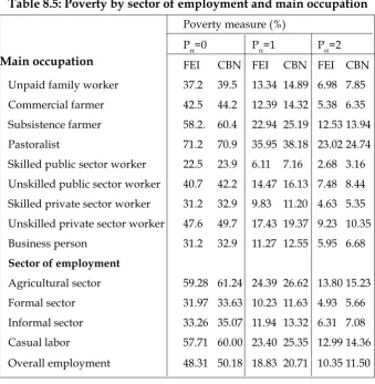 Table 8.5: Poverty by sector of employment and main occupation