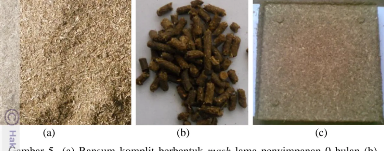 Gambar  5    (a)  Ransum  komplit  berbentuk  mash  lama  penyimpanan  0  bulan  (b)  Ransum  komplit  berbentuk  pelet  lama  penyimpanan  0  bulan  (c)  Ransum komplit berbentuk wafer lama penyimpanan 0 bulan 