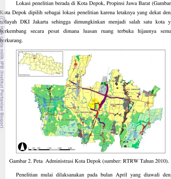 Gambar 2. Peta  Administrasi Kota Depok (sumber: RTRW Tahun 2010).  Penelitian  mulai  dilaksanakan  pada  bulan  April  yang  diawali  dengan  persiapan  yang  kemudian  dilanjutkan  inventarisasi