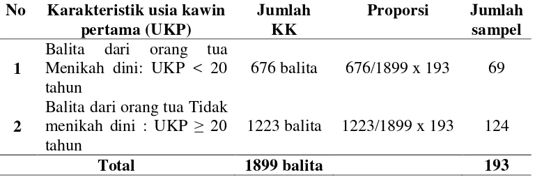 Tabel 3.1 Distribusi Sampel menurut Usia Kawin Pertama (UKP) pada Orangtua Balita 