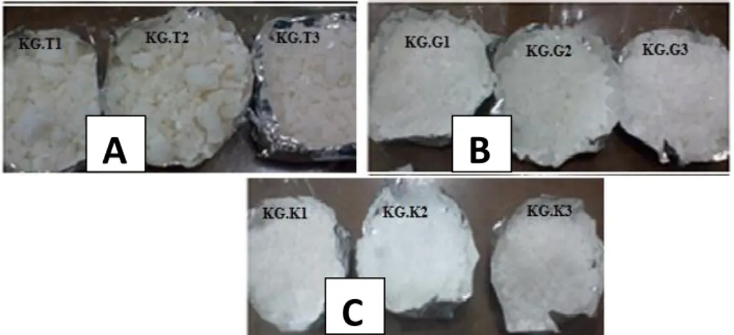 Gambar 2. Warna Kristal Garam Tiga Media Meja Garam, (A) Tanah, (B) Geomembran dan (C)  Keramik (Sumber: Data primer yang diolah 2014) 