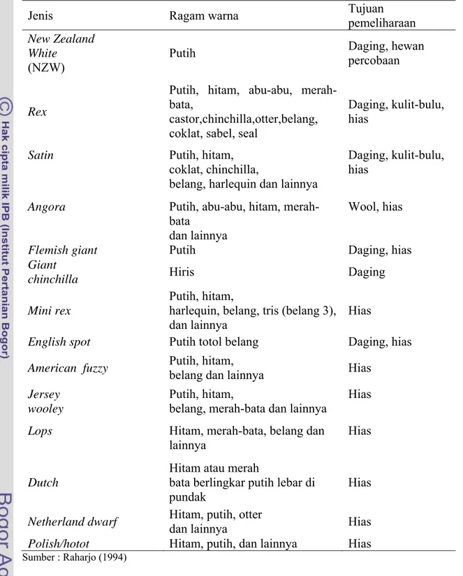 Tabel  1. Jenis, Ragam Warna dan Tujuan Pemeliharaan Kelinci  