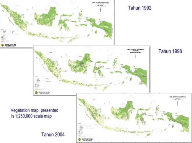 Gambar 1.  Perubahan tutupan vegetasi antara tahun 1992, 1998, dan 2004. 