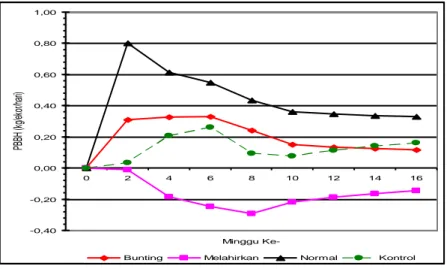 Gambar 1. Grafik Rata-rata Pertambahan Bobot Badan Harian Sapi Bali Betina pada Kondisi Sedang Bunting, Sehabis  Melahirkan  dan  Normal  yang    Diberi  Bioplus  dan  Sapi  Kontrol  (Tanpa  Bioplus),  Desa  Bungai   Jaya-Kapuas, 2003 (kg/ekor/hari) 