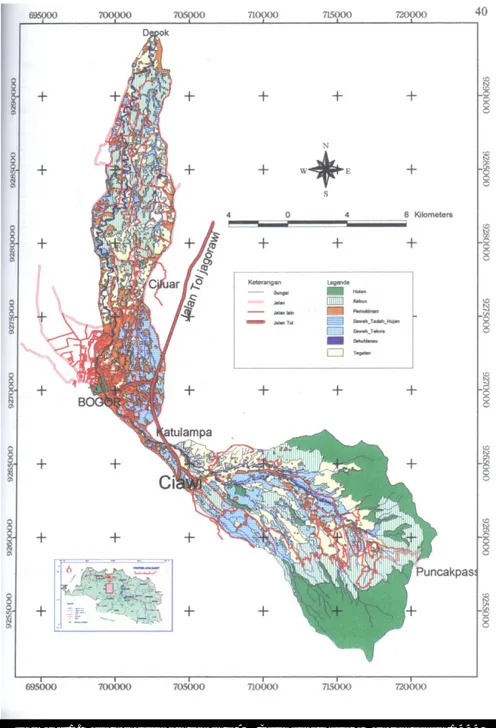 Gambar 1. Peta penggunaan lahan DAS Ciliwung Hulu – Tengah tahun 1999 