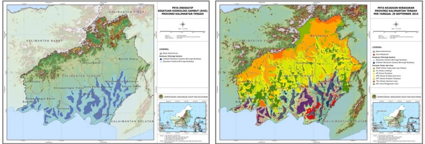 Gambar  1  berikut  menunjukkan  daerah  sebaran  lahan  gambut  dan  kejadian  kebakaran  di  Kalimantan Tengah tahun 2015