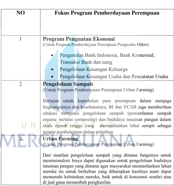 Gambar 6 Tabel Fokus Program Pemberdayaan Perempuan  Seperi  yang  di  lihat  dari  table  di  atas  Program  pemberdayaan  perempuan  sebenarnya  terbagi  beberapa  sector,  sesuai  dengan  judul  skripsi  dan  ketertarikan  penulis  dalam  dunia  ekonomi