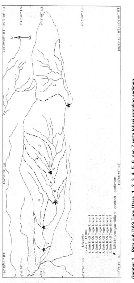 Gambar 1.Peta sub DAS Tugu Utara  1, 2, 3, 4, 5, 6, dan 7 serta lokasi sampling sedimen  Figure 1.Map of Tugu Utara 1, 2, 3, 4, 5, 6, and 7 sub watersheds, and sediment sampling points 