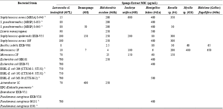 Table 2. Antibacterial activities (MICs) of the sponge extracts against the laboratory, commensal and clinically relevant bacterial strains