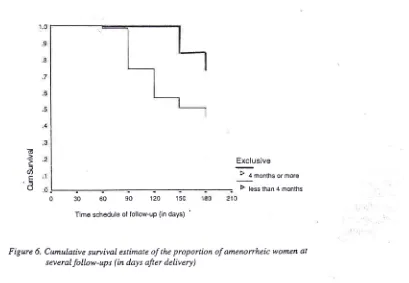 Figure 6. Cumulative survival estirnate of the proportion of amenorrheic women at(in 