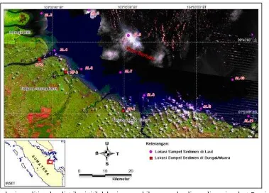 Gambar 1. Lokasi penelitian dan distribusi titik lokasi pengambilan sampel sedimen di perairan laut Propinsi Jambi