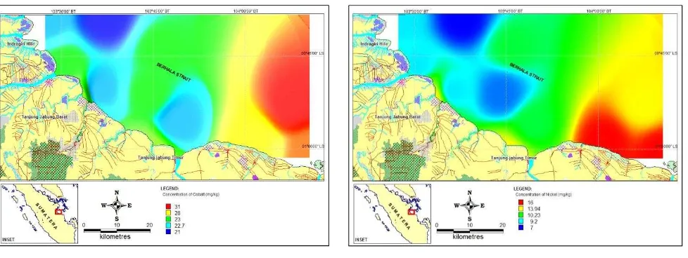 Gambar 3a. Distribusi spasial logam berat di perairan sungai dan laut  di Propinsi Jambi, dimana warna merah menunjukkan  konsentrasi yang tinggi dan warna biru menunjukkan konsentrasi yang rendah