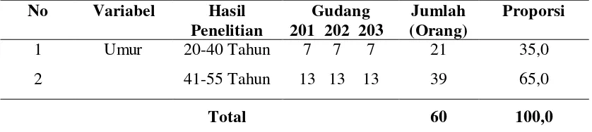 Tabel 4.3  Distribusi Frekuensi Berdasarkan Umur Responden di Gudang 201, 202 dan 203 Pelabuhan Belawan Tahun 2013 