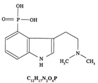Gambar 2. Struktur kimia psilosibin (Anonim, 1989)  Nama     : Psilosibin (4-phosphoriloxy-N,N-dimethyltryptamine) 