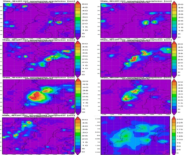 Gambar 4.. Untuk (a) hingga (g) adalah curah hujan estimasi akumulasi 3 jam (mm) TRMM tiap 3  jam dari tanggal 27 Mei 2014 jam 12 utc hingga tanggal 28 Mei 2014 jam 06 utc, sedangkan (h)  adalah curah hujan akumulasi total 