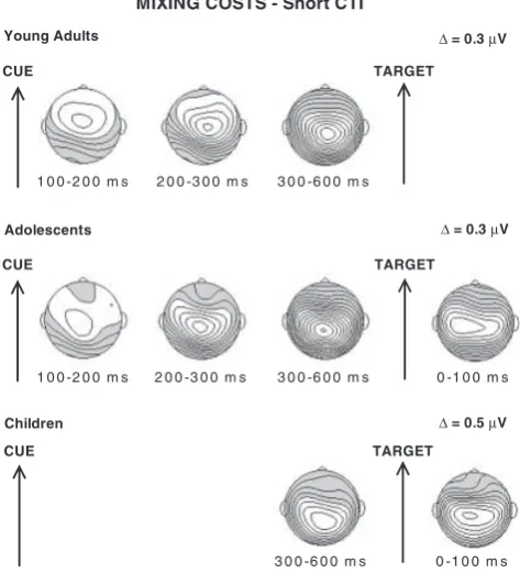 Figure 3. Surface potential scalp topographies for the stay minus puredifference waveforms in the short CTI condition, depicted for the timewindows in which the magnitude differences were reliable