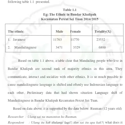Table 1.1 Eg: The Ethnic in Bandar Khalipah  