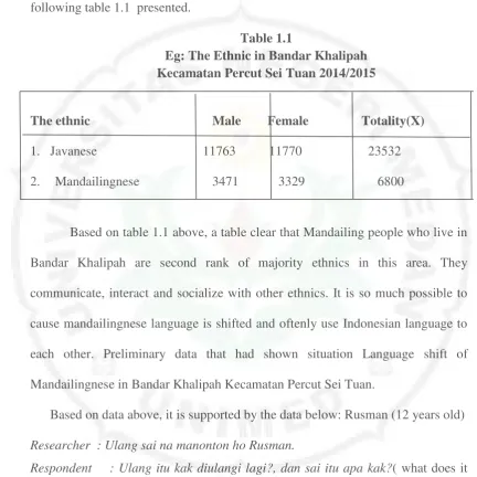 Table 1.1 Eg: The Ethnic in Bandar Khalipah  
