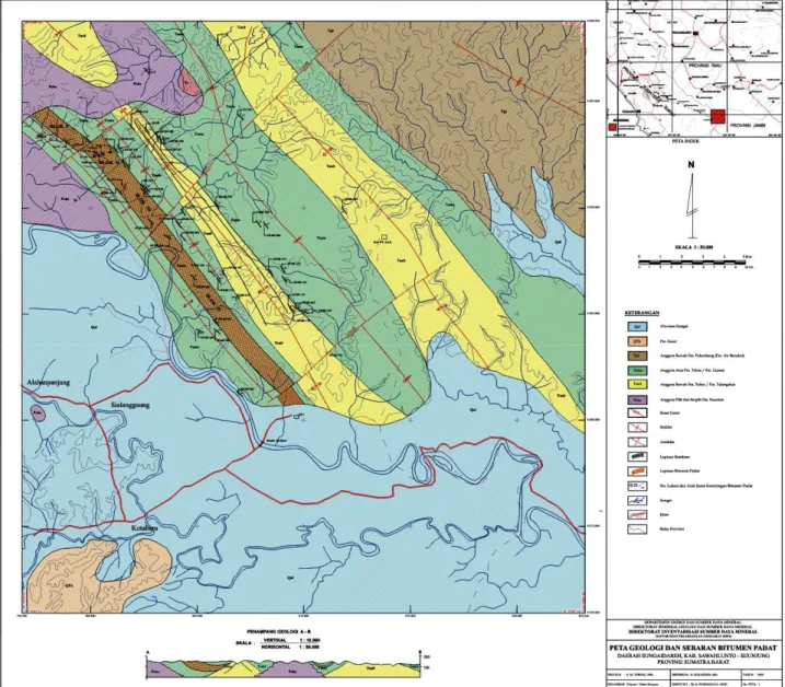 Gambar 2. Peta Geologi dan Distribusi Bitumen Padat Daerah Sungaidareh 
