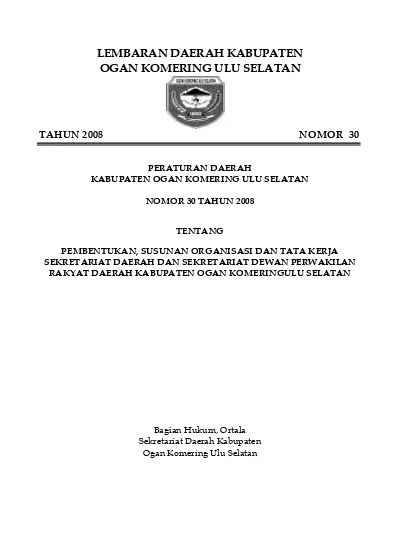 Perda No. 30 Tahun 2008 Tentang Pembentukan Susunan Organisasi Dan Tata ...