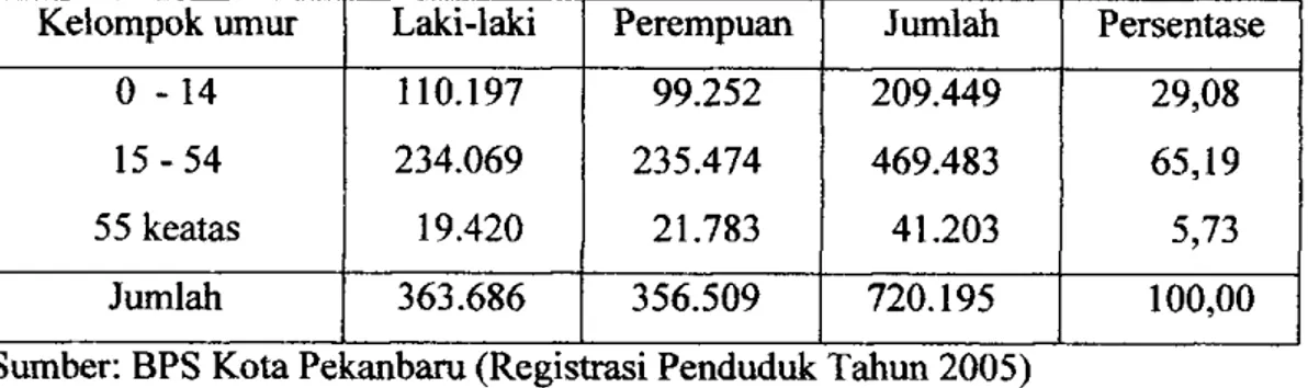 Tabel 3. Jumlah Penduduk Kota Pekanbaru Dirinci Menurut Kelompok Umur dan  Jenis Kelamin Tahun 2002 